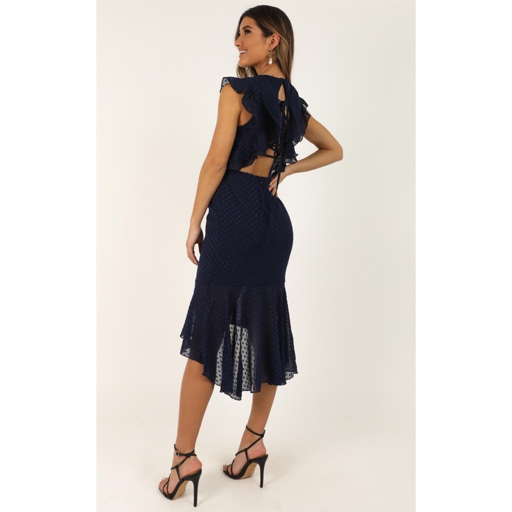 Showpo Tighten the Strings Ruffled Midi Navy Dress